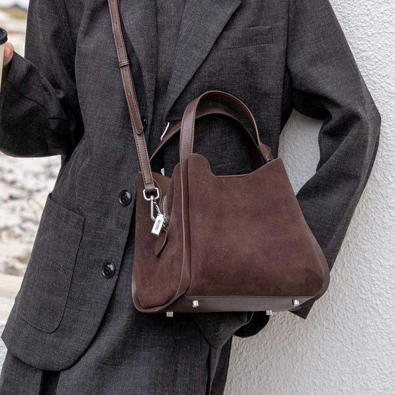 Cowhide Suede Genuine Leather Bucket Tote Bag