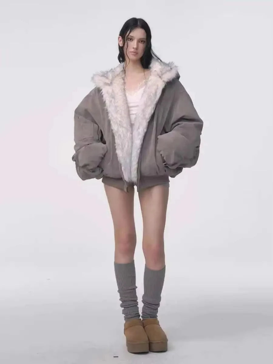 American Retro Hooded Plush Padded Jacket