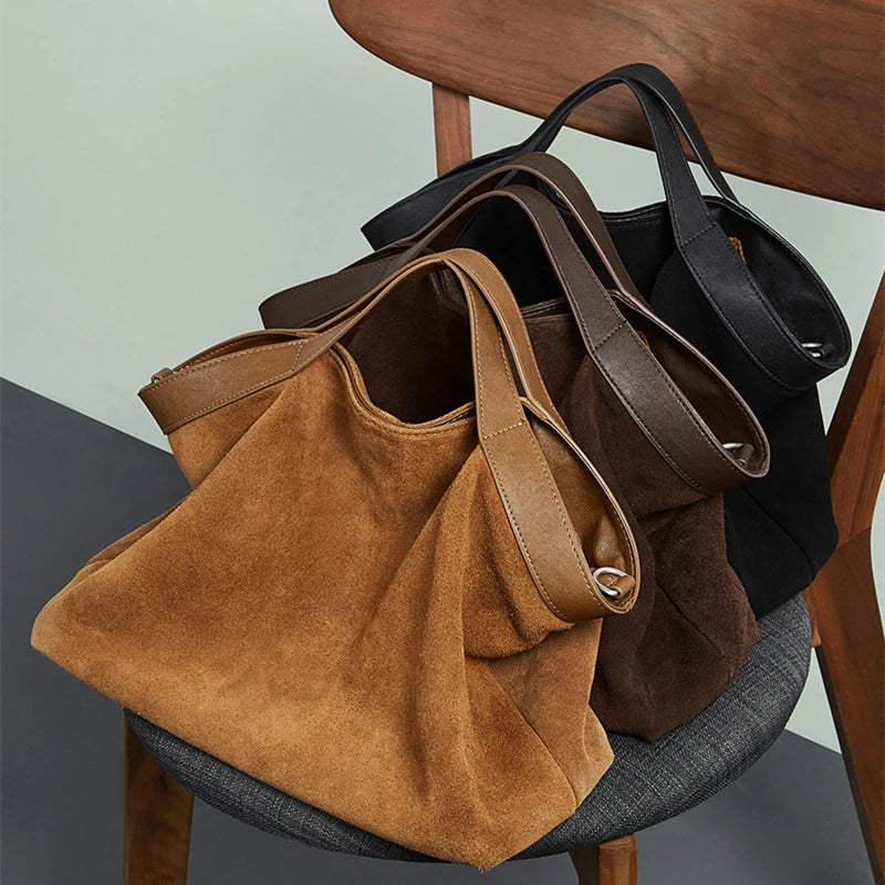 Genuine Cowhide Suede Hobo Tote Bag