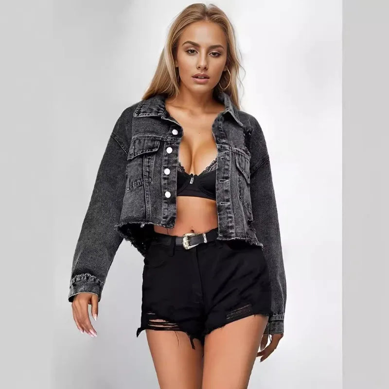 Y2K Raw-Edge Cropped Denim Jacket