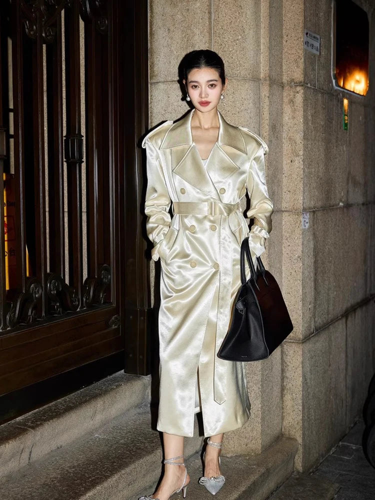 Satin Belted Double Breasted Trench Coat