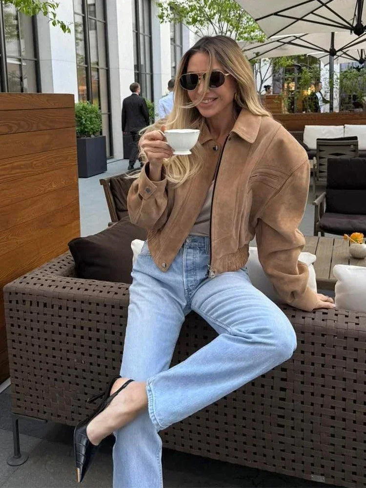 Retro Suede Zip Cropped Jacket 2025