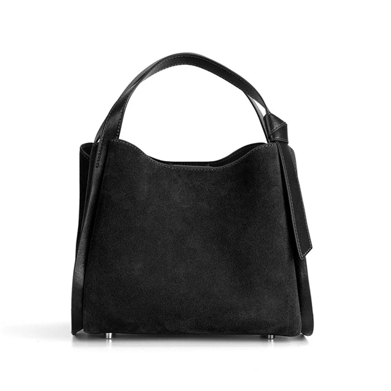 Cowhide Suede Genuine Leather Bucket Tote Bag
