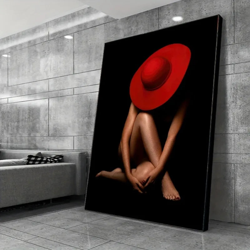 1pc Modern Abstract Red Hat Frameless Wall Art Canvas Print, Contemporary Female Form Poster for Living Room and Bedroom Decor