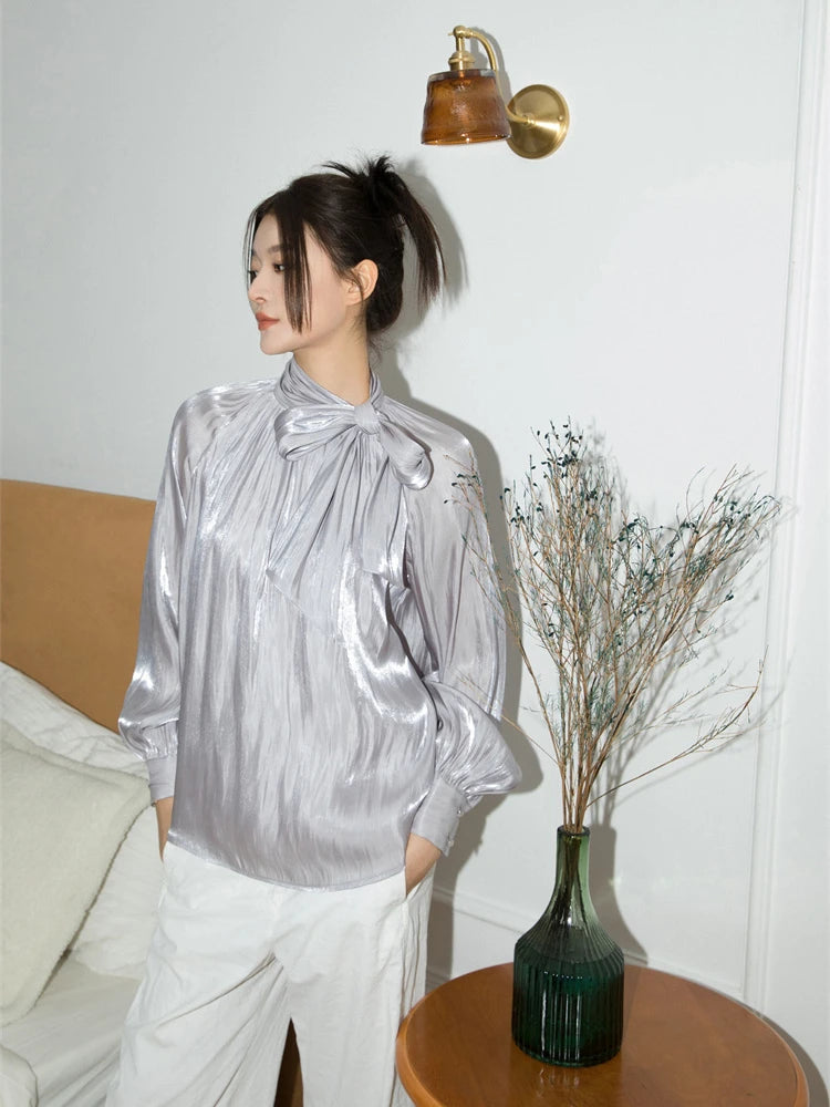 Women’s Glitter Satin Lantern Sleeve Blouse