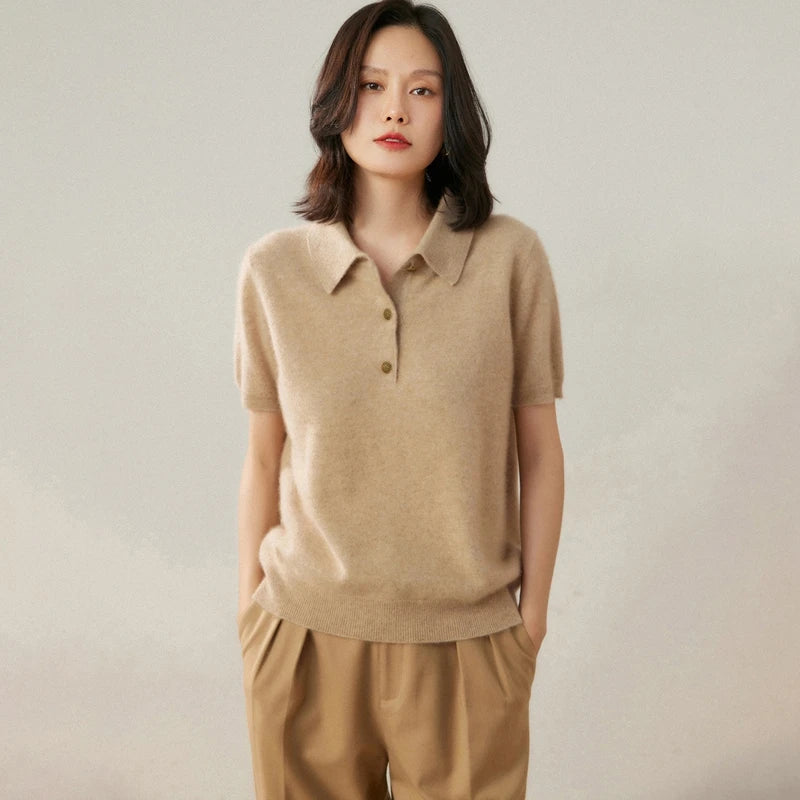 100% pure cashmere pullover short sleeved autumn/winter new women's T-shirt casual solid color knitted sweater POLO collar Tops