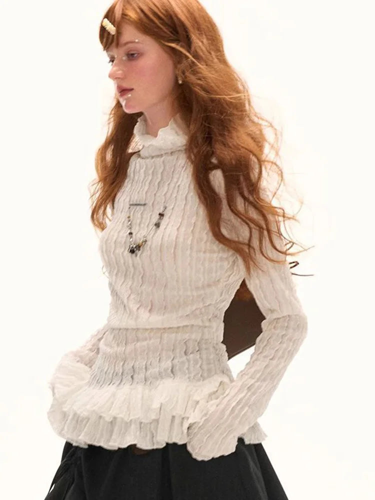Women’s Ruffle Turtleneck Slim Fit Long Sleeve T-Shirt