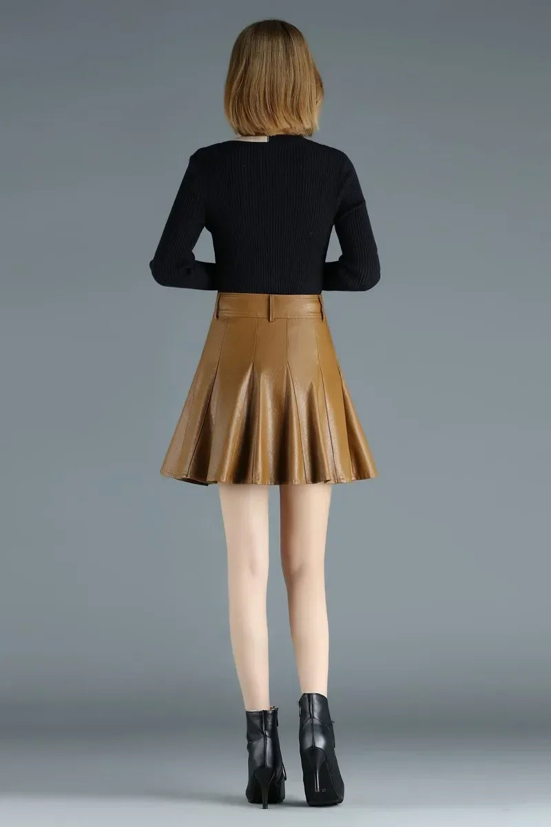 Elegant High Waist Genuine Leather Mini Skirt