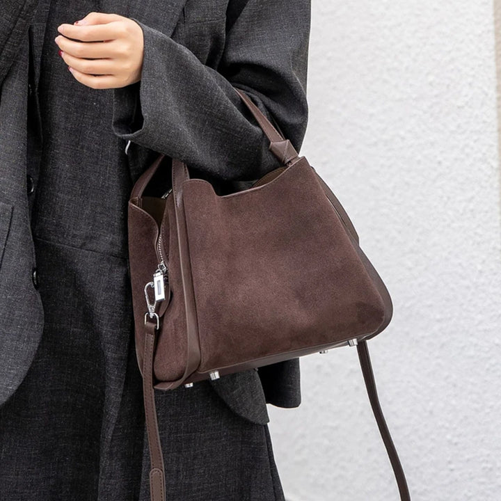 Cowhide Suede Genuine Leather Bucket Tote Bag