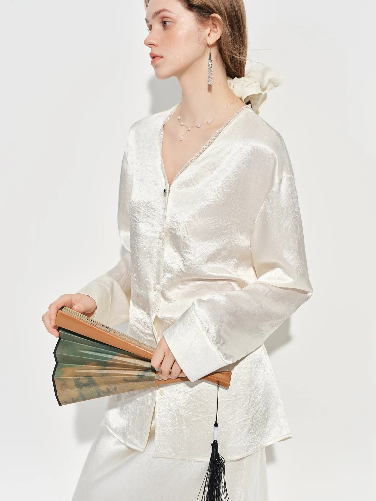 Women’s French Style V-Neck Acetate Satin Shirt
