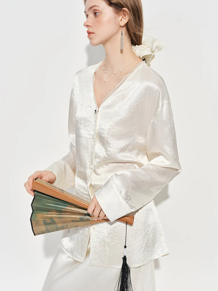 Women’s French Style V-Neck Acetate Satin Shirt