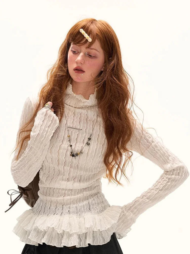 Women’s Ruffle Turtleneck Slim Fit Long Sleeve T-Shirt