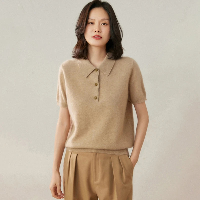 100% pure cashmere pullover short sleeved autumn/winter new women's T-shirt casual solid color knitted sweater POLO collar Tops