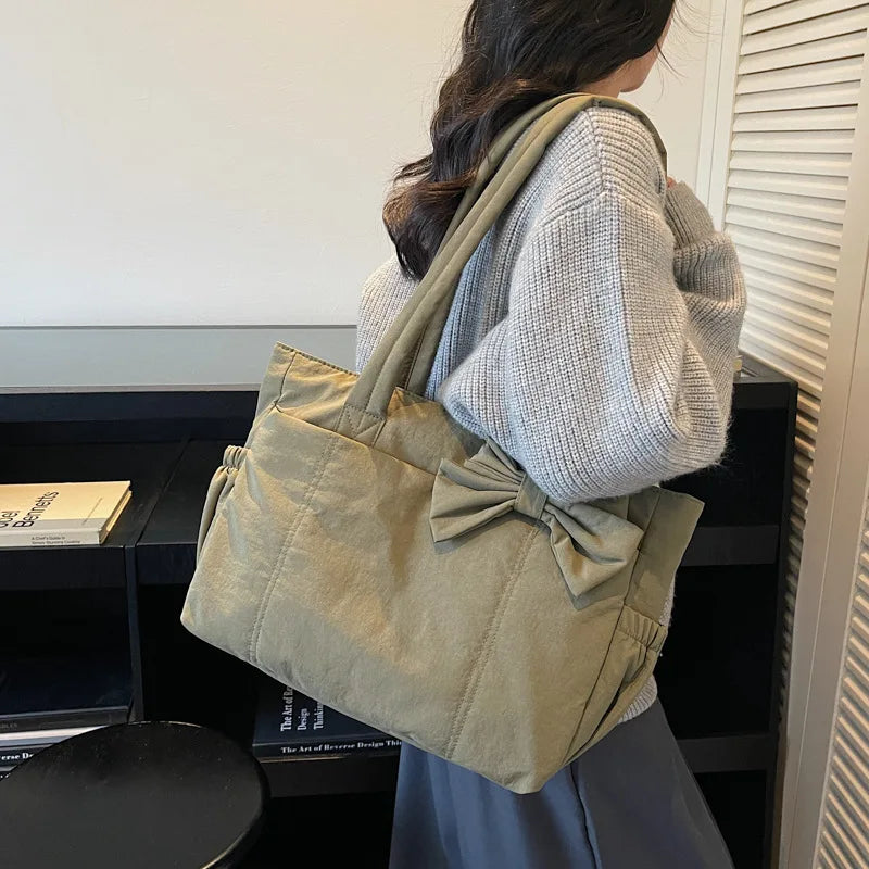 Bow Nylon Canvas Shoulder Bag