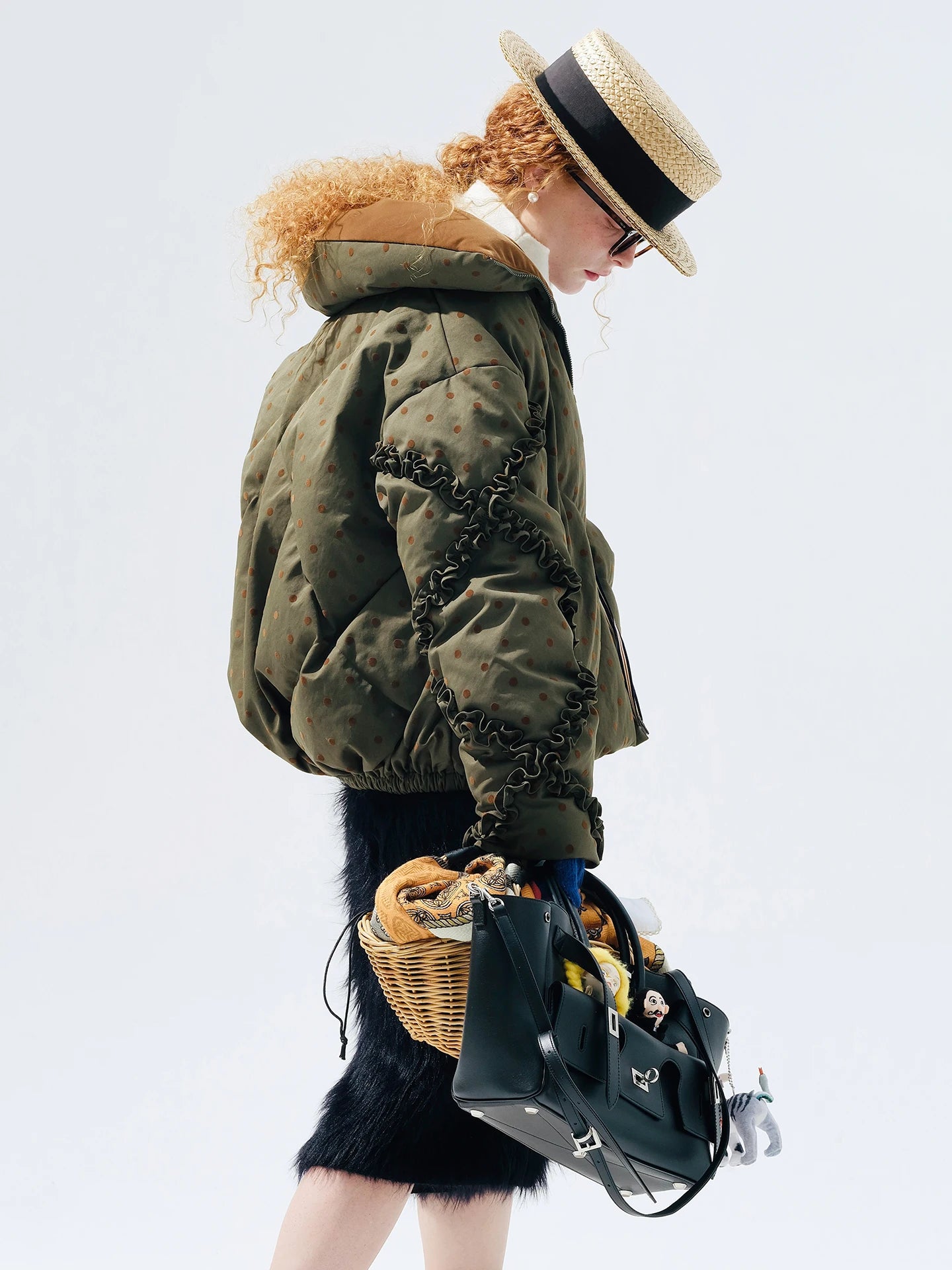 Polka Dot Ruffle High-Neck Down Jacket