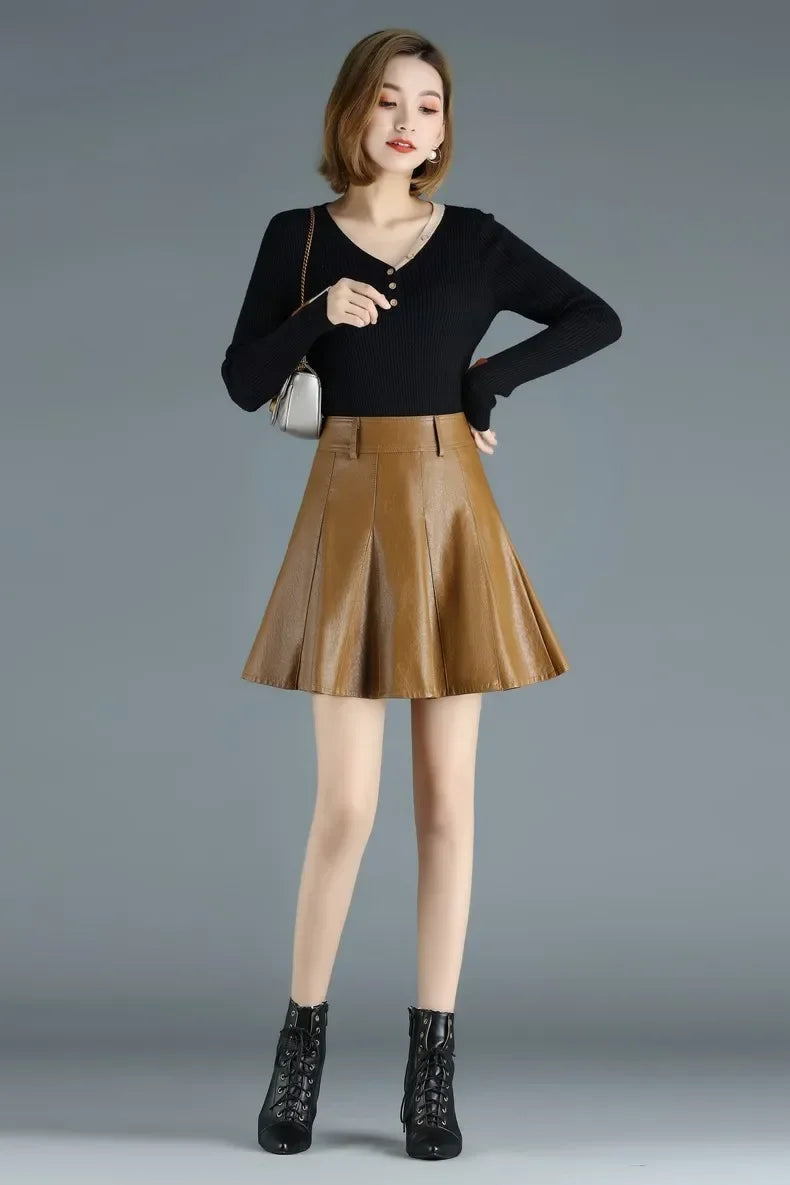 Elegant High Waist Genuine Leather Mini Skirt