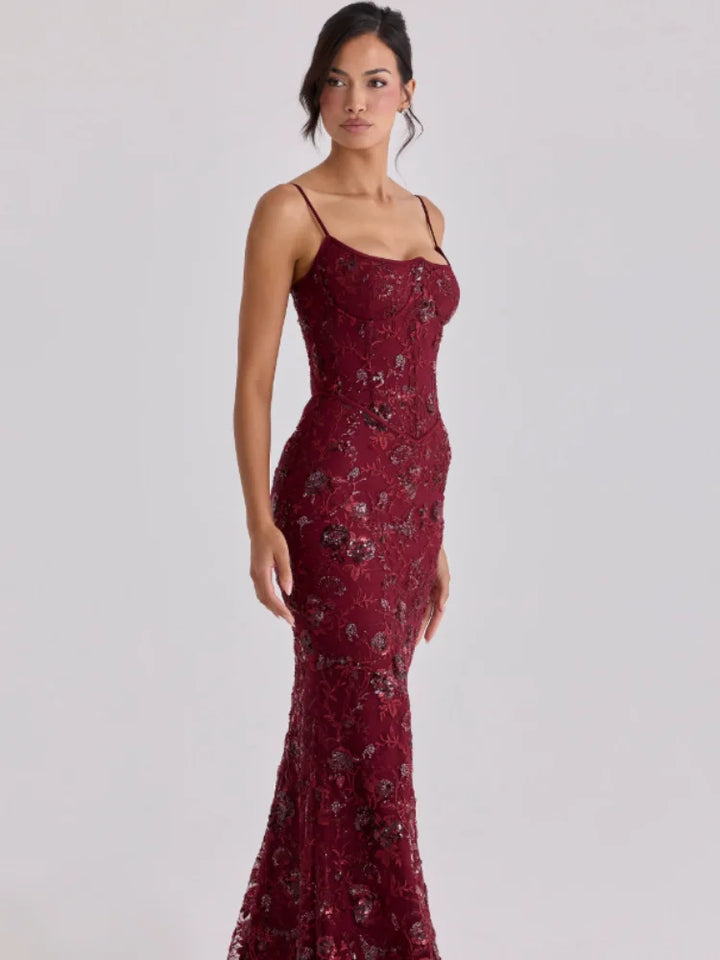 Retro Floral Sequin Fishtail Sling Maxi Dress