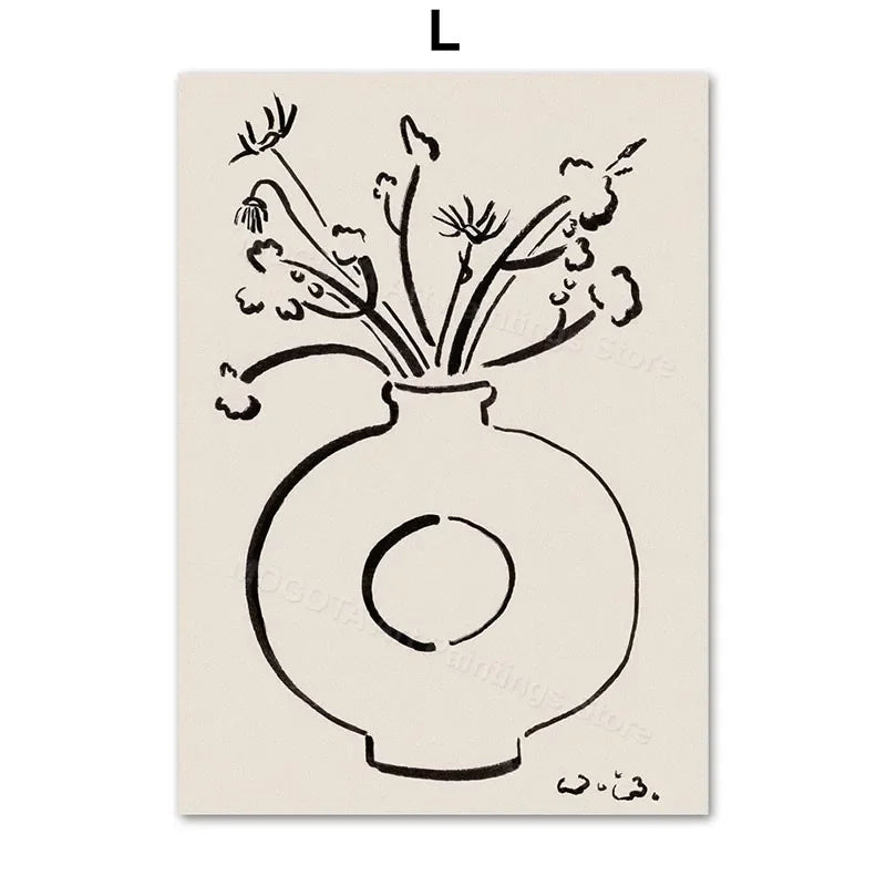 Retro Abstract Line Girl Vase Canvas Wall Art