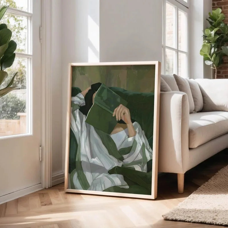 Emerald Green Reading Woman Canvas Wall Art
