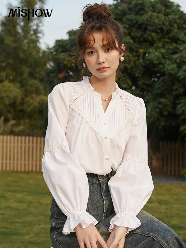 Women’s V-Neck Pleated Ruffle Sleeve Blouse