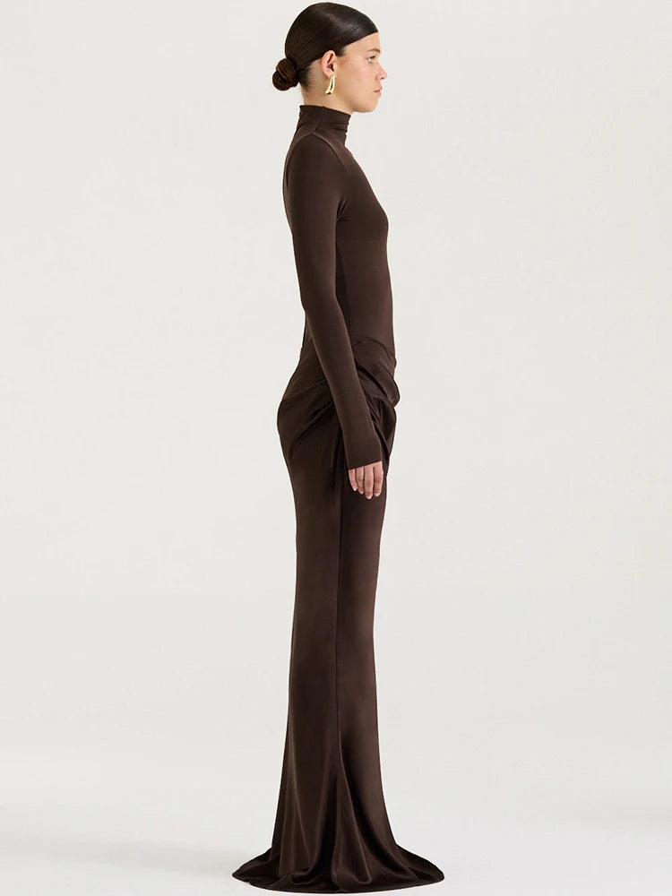 Hollow Turtleneck Ruched Bodycon Maxi Dress