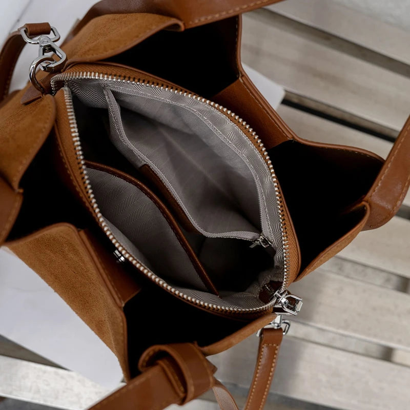 Cowhide Suede Genuine Leather Bucket Tote Bag