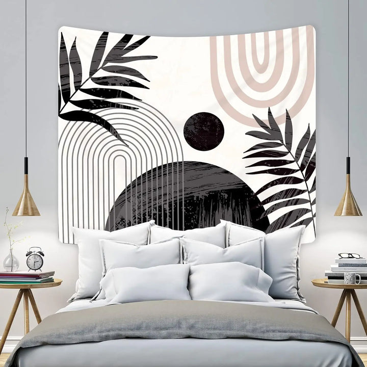 Abstract Black Boho Sun Leaves Tapestry