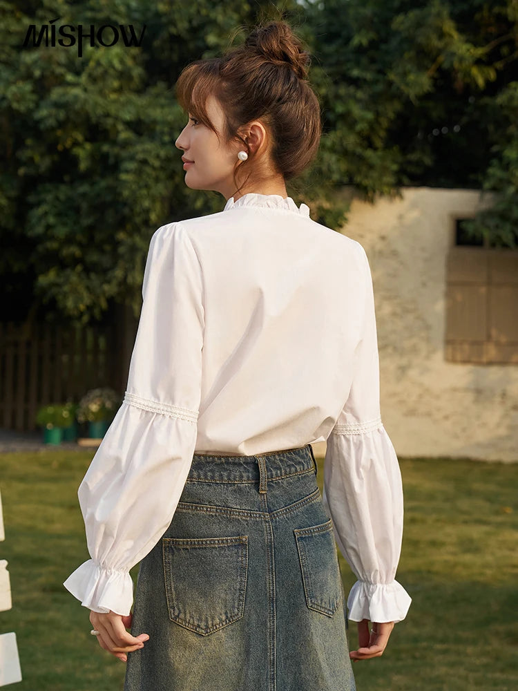 Women’s V-Neck Pleated Ruffle Sleeve Blouse