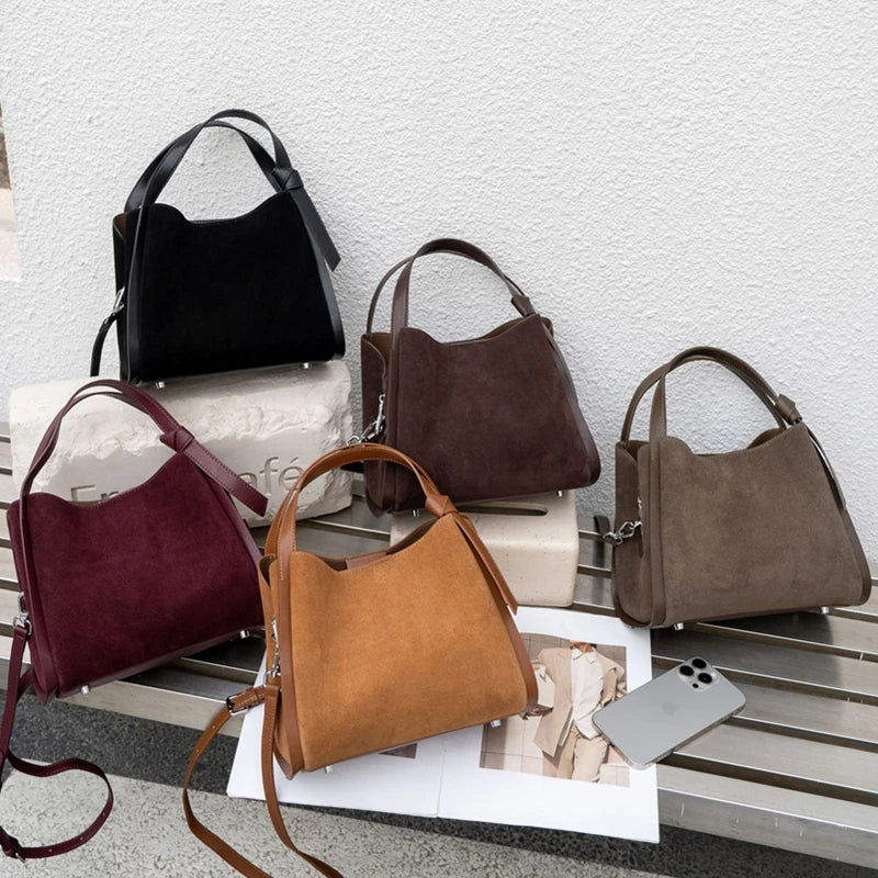 Cowhide Suede Genuine Leather Bucket Tote Bag