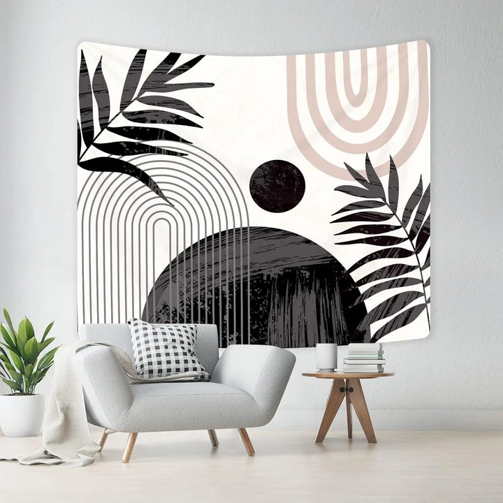 Abstract Black Boho Sun Leaves Tapestry