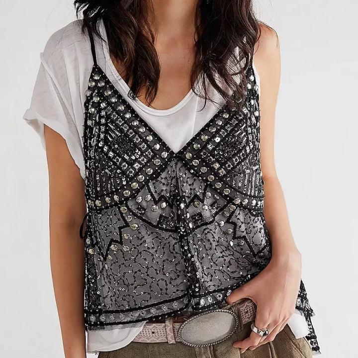 Women’s Y2K Sequin Mesh Halter Crop Top