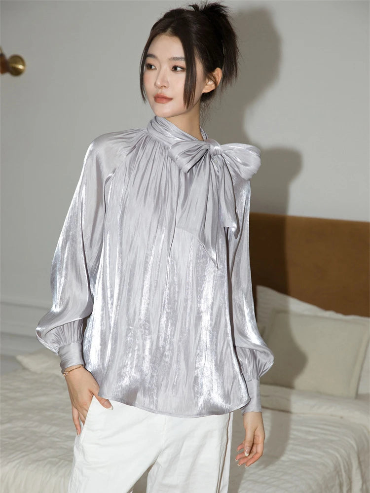 Women’s Glitter Satin Lantern Sleeve Blouse
