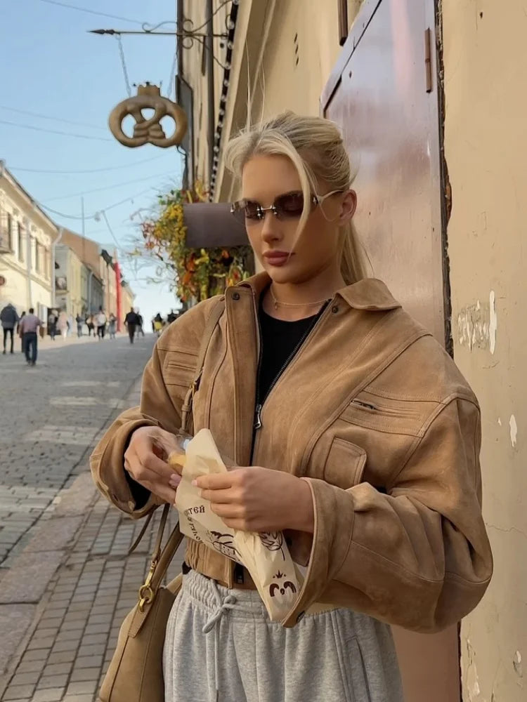 Retro Suede Zip Cropped Jacket 2025