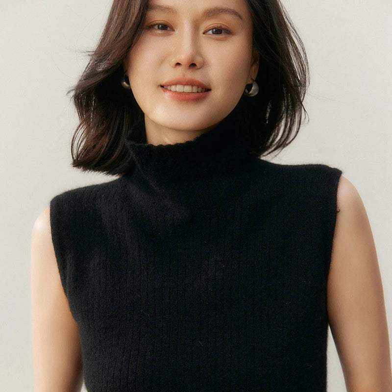 100% pure cashmere pullover vest autumn/winter new women's vest casual solid color knitted sleeveless sweater high neck Tops