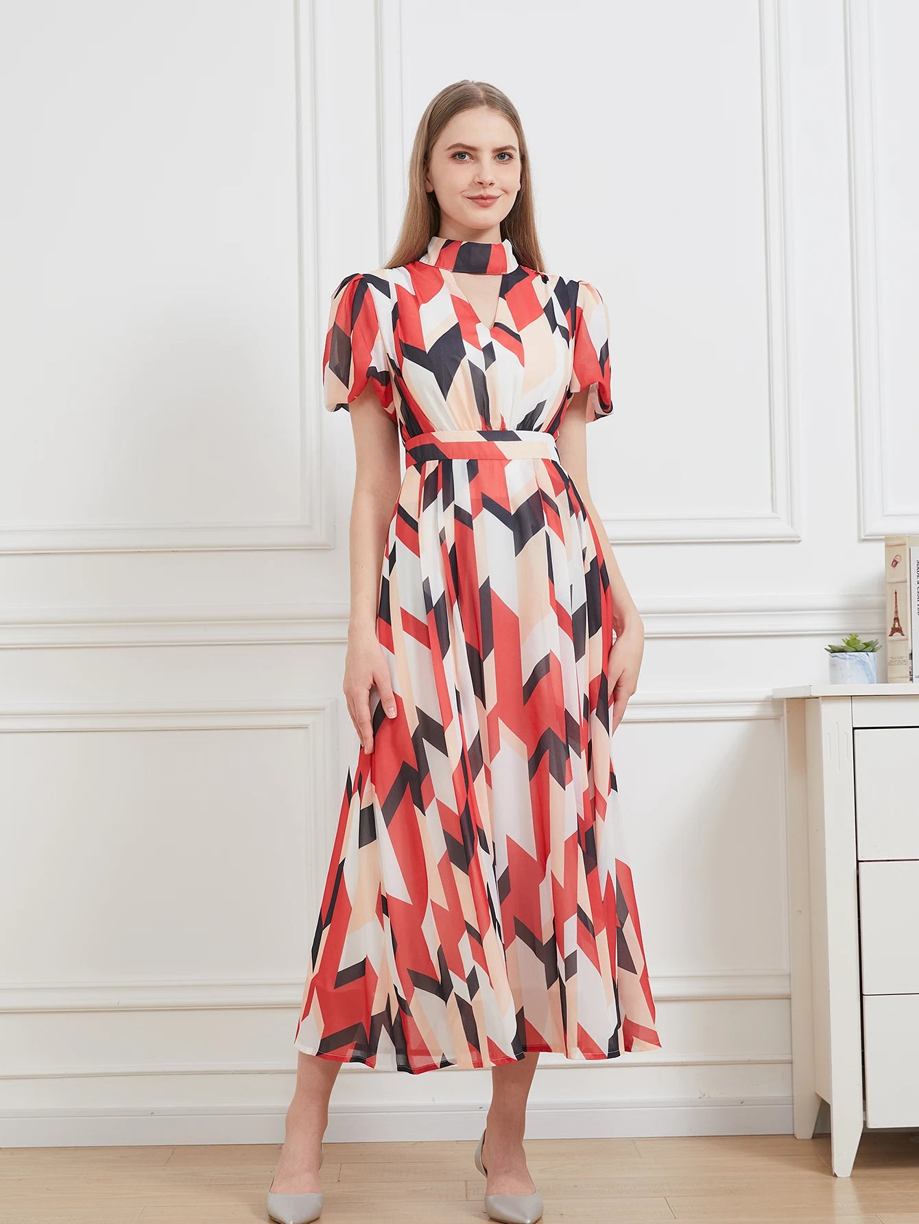 Floral Chiffon A-Line Midi Party Dress