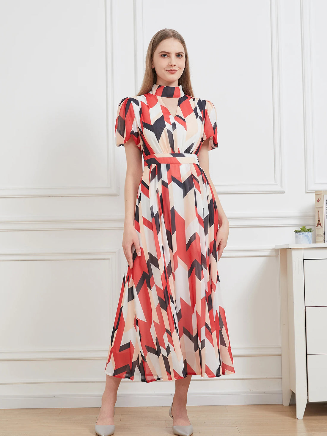 Floral Chiffon A-Line Midi Party Dress