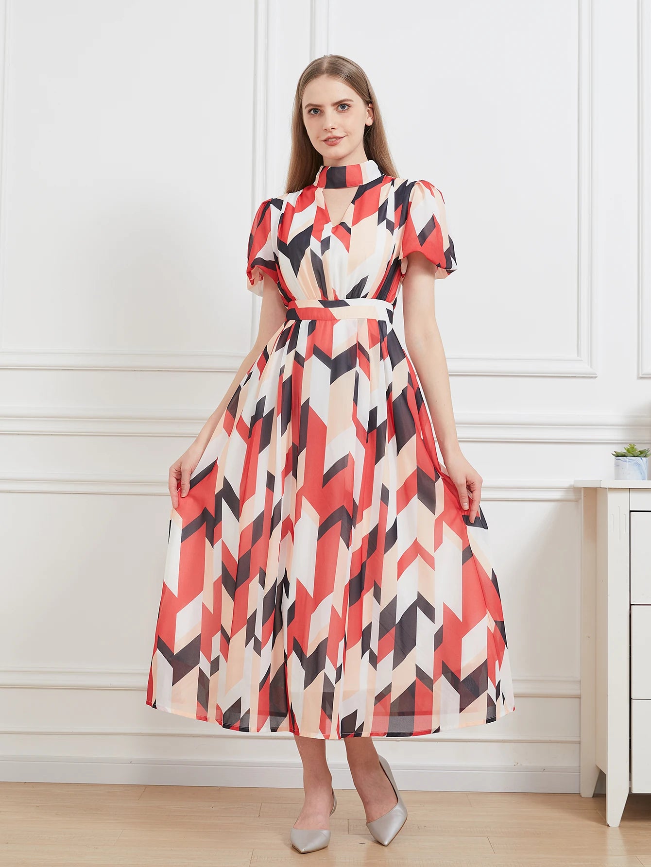 Floral Chiffon A-Line Midi Party Dress