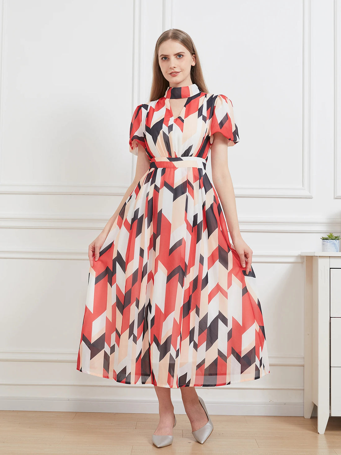 Floral Chiffon A-Line Midi Party Dress
