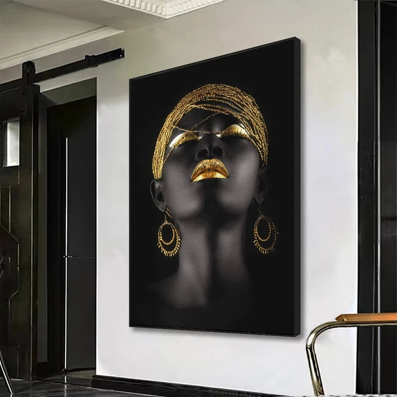 African Woman Gold Jewelry Canvas Wall Art