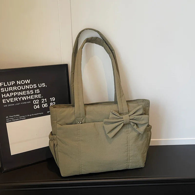 Bow Nylon Canvas Shoulder Bag