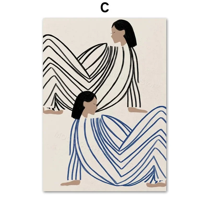 Retro Abstract Line Girl Vase Canvas Wall Art