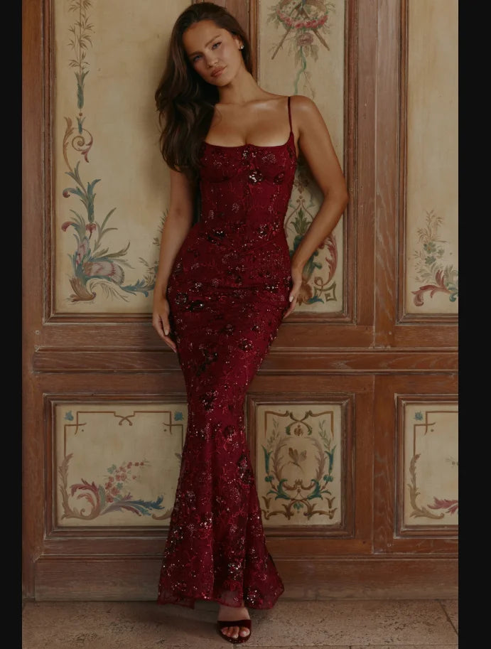 Retro Floral Sequin Fishtail Sling Maxi Dress