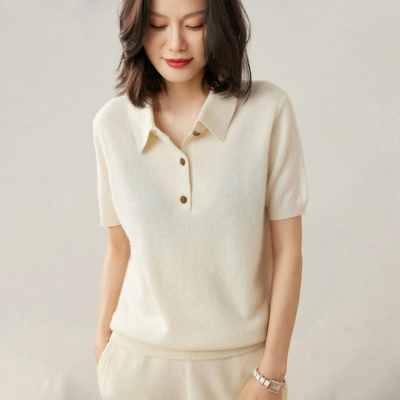 100% pure cashmere pullover short sleeved autumn/winter new women's T-shirt casual solid color knitted sweater POLO collar Tops