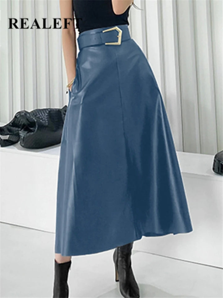 REALEFT High Waist Umbrella Skirt with Belt