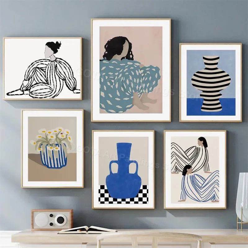 Retro Abstract Line Girl Vase Canvas Wall Art