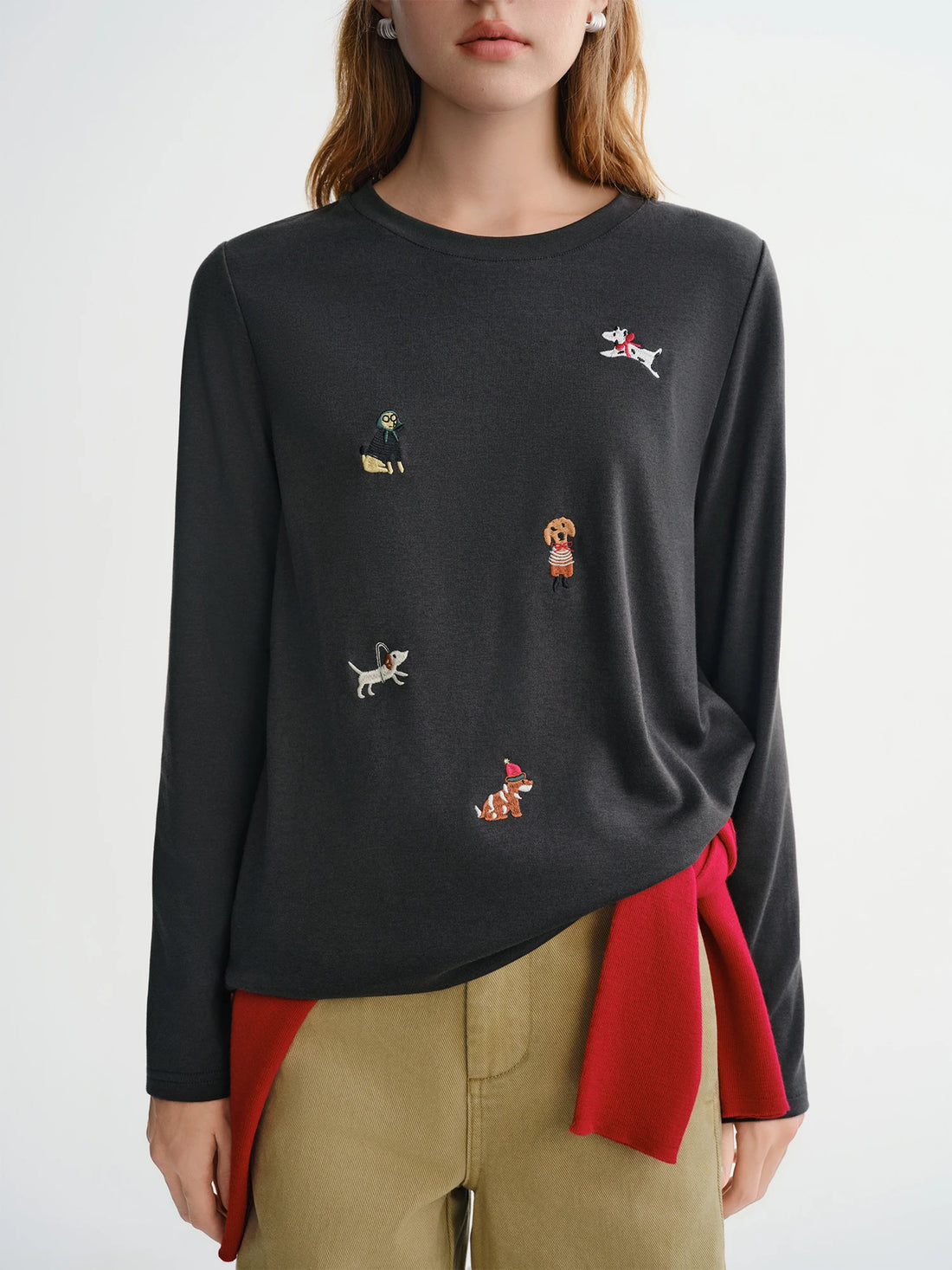 Women’s Puppy Embroidered Fleece Long Sleeve T-Shirt
