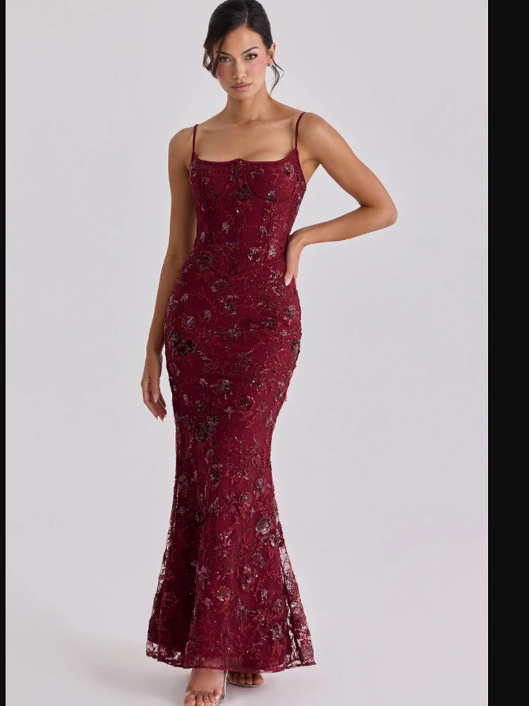 Retro Floral Sequin Fishtail Sling Maxi Dress