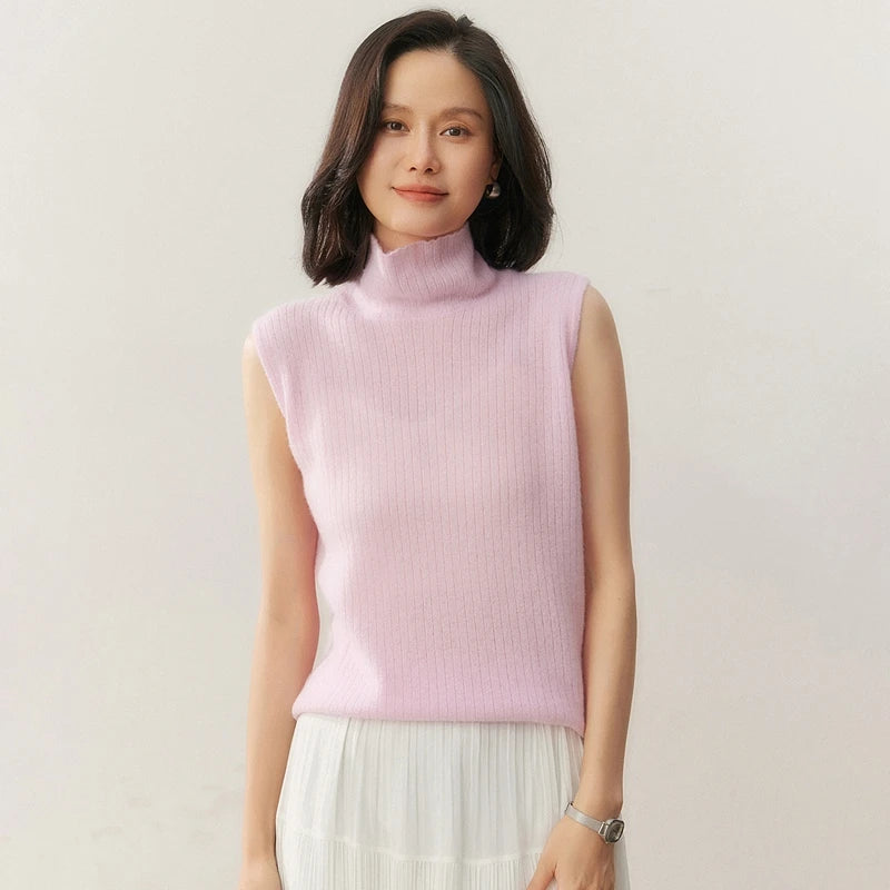 100% pure cashmere pullover vest autumn/winter new women's vest casual solid color knitted sleeveless sweater high neck Tops