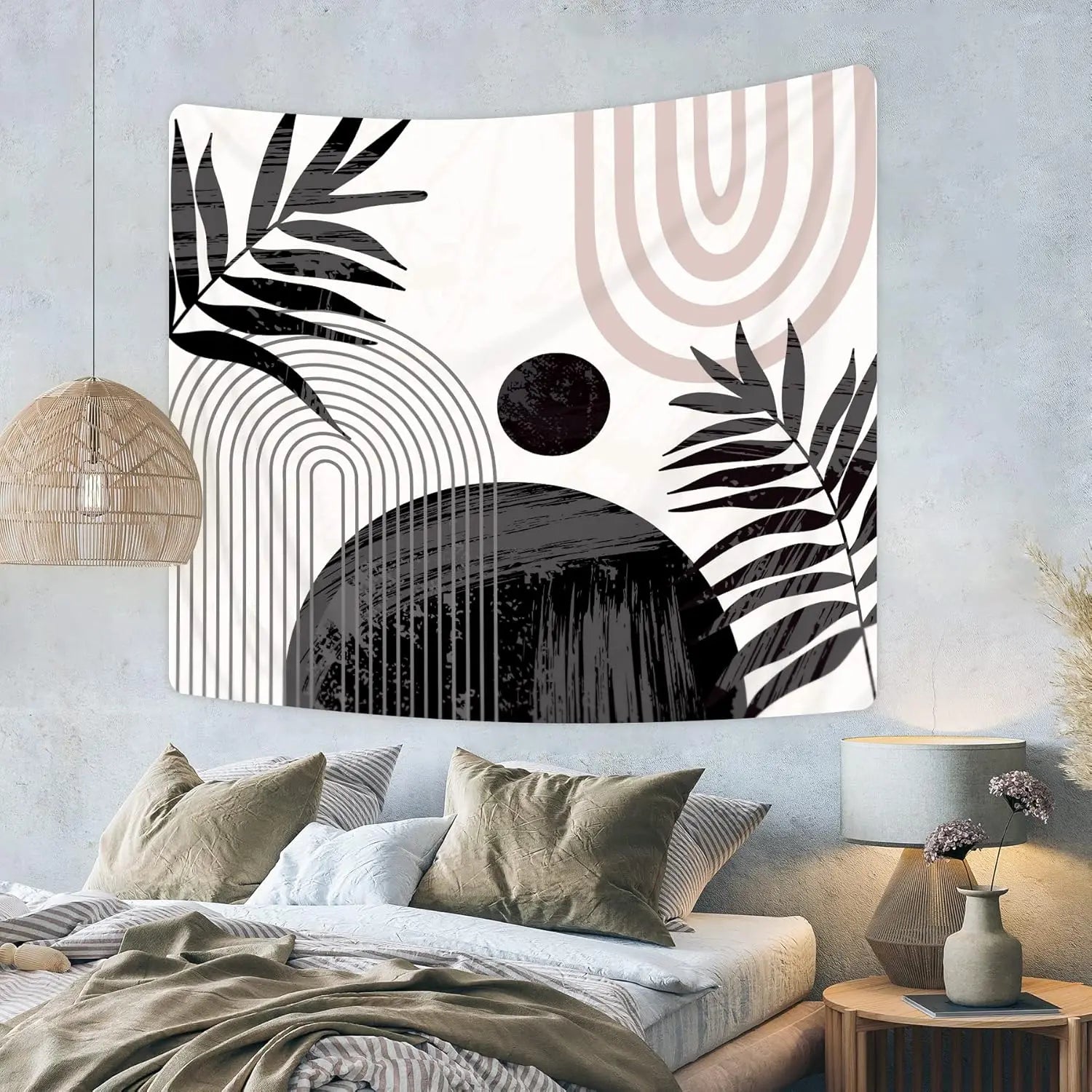 Abstract Black Boho Sun Leaves Tapestry