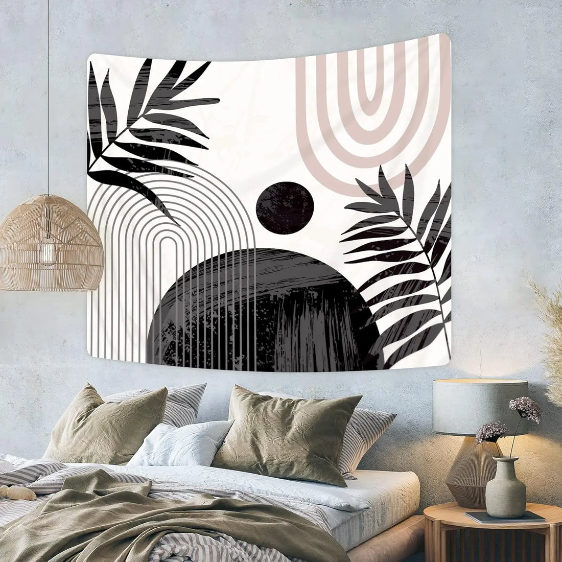 Abstract Black Boho Sun Leaves Tapestry